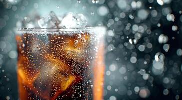 Refreshing Drink With Ice in Raindrops on a Dark Background photo