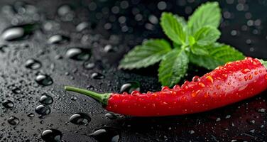 Fresh Red Chili Peppers and Basil Leaves With Water Droplets on Dark Surface photo