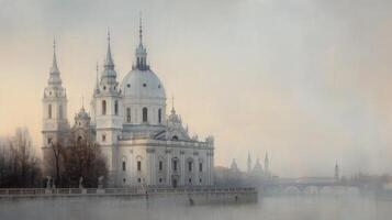 Foggy View of Historic Parliament Building Reflected in Water at Dawn photo