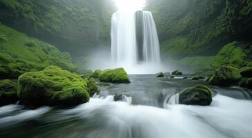 Seljalandsfoss Waterfall Cascading Over Rocks in Iceland During Early Morning Light photo