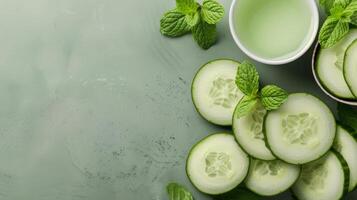 Fresh Cucumber Slices With Lemon and Mint on Dark Surface photo