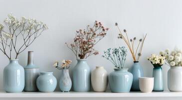 Elegant Display of Blue and White Vases With Dried Flowers Against Light Blue Wall photo