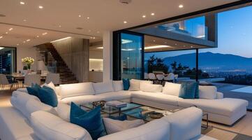 Modern Minimalist Living Room With Large Windows and Open Staircase in Contemporary Home photo