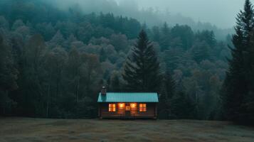 Cozy Log Cabin Surrounded by Misty Forest at Dusk photo