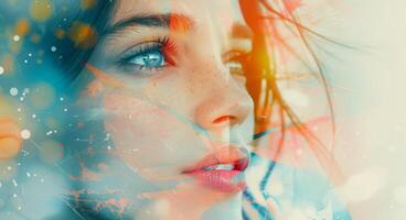 Young Woman With Dreamy Expression Surrounded by Colorful Bokeh Lights photo