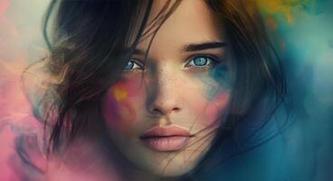 Colorful Abstract Portrait of a Young Woman With Blue Eyes and Soft Features photo