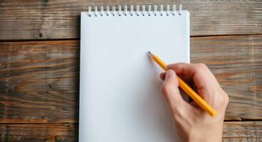 Person Writing Notes in a Spiral Notebook With Pencil on a Wooden Table photo