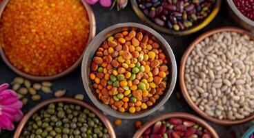 Colorful Display of Spices, Nuts, and Flowers on a Dark Surface photo