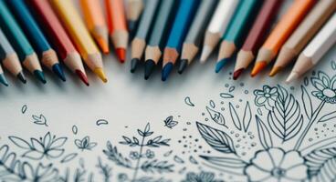 Vibrant Colored Pencils Arranged With Floral Coloring Page on Table photo