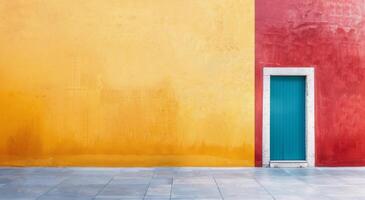 Bright Yellow Wall With Black Door and Window in a Sunny Urban Setting photo