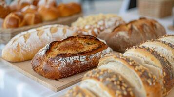 Freshly Baked Bread and Pastries Displayed on Shelves at a Bakery Shop photo
