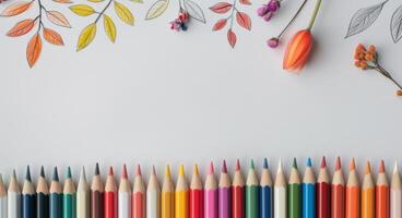 Vibrant Colored Pencils Arranged With Floral Coloring Page on Table photo