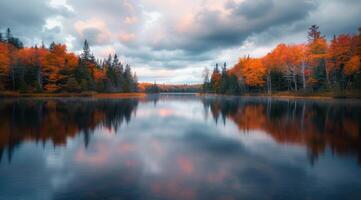 Tranquil Autumn Reflections Over a Serene Lake in a Misty Forest photo