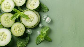 Fresh Cucumber Slices With Lemon and Mint on Dark Surface photo