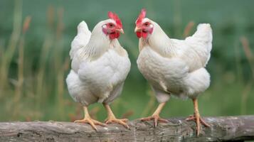 Two White Chickens Standing on a Wooden Rail in a Green Field photo