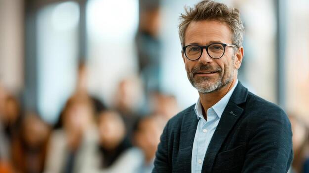 Man Engaging With Audience During Discussion at Conference in Modern Venue photo