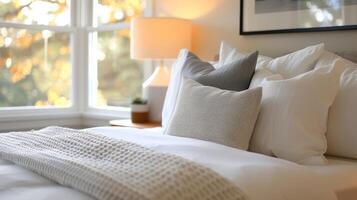 Cozy Bedroom With Plump Pillows And Soft Lighting In Autumn photo