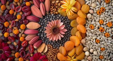 Freshly Arranged Nuts, Dried Fruits, and Spices on a Colorful Display Table photo