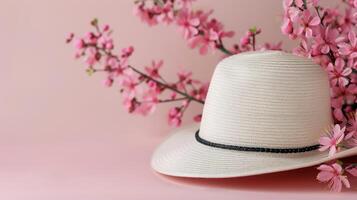 Elegant Sun Hat With Cherry Blossom Branches on Soft Pink Background photo