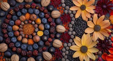 Colorful Assortment of Dried Fruits and Seeds on a Dark Surface photo