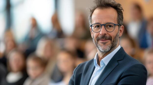 Man Engaging With Audience During Discussion at Conference in Modern Venue photo
