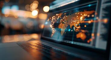 Global Data Visualization On Laptop Screen At Night photo