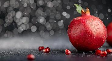 Fresh Pomegranate on Dark Surface With Water Droplets and Sparkling Background photo