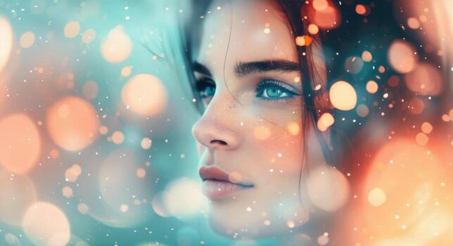Young Woman With Dreamy Expression Surrounded by Colorful Bokeh Lights photo