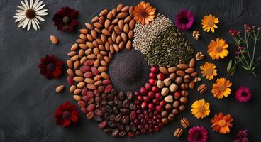 Colorful Assortment of Dried Fruits and Seeds on a Dark Surface photo