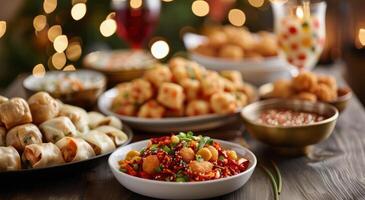 Assorted Asian Cuisine Spread on Wooden Table With Dishes and Sauces photo