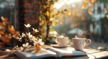 Cozy Morning by the Window With Coffee and Autumn Leaves in Soft Light photo