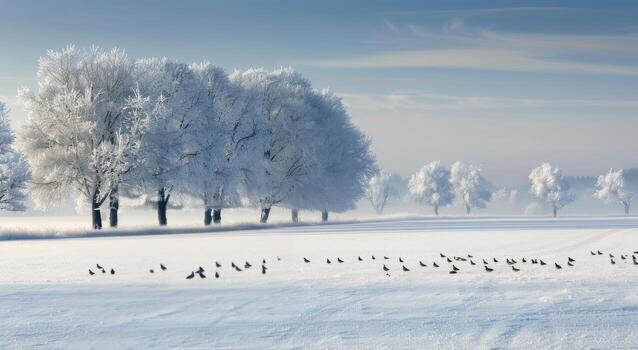 Winter Landscape With Snow-Covered Trees and Birds in a Frosty Field photo