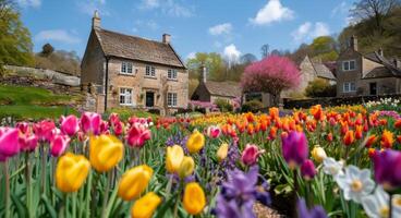 Vibrant Tulip Gardens Surrounding Stone Cottages in Springtime Near A Quiet Village photo