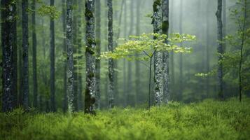 Tranquil Forest Scene With Verdant Moss and Emerging Sapling in Early Morning Light photo
