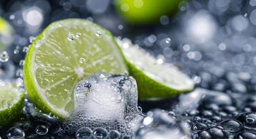 Fresh Lime Slices and Ice Cubes on a Reflective Surface photo
