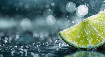 Fresh Lime Halves With Dew Drops On A Blue Background In Soft Focus photo