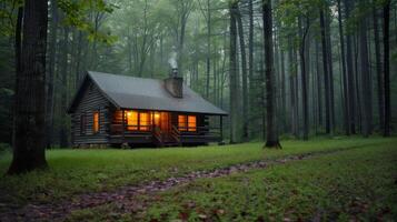 Cozy Log Cabin Surrounded by Misty Forest at Dusk photo