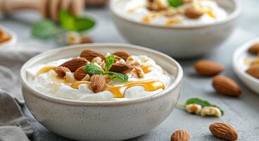 Creamy Yogurt With Almonds and Honey Served in Rustic Bowls photo