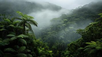 Overhead View of Dense Forest With Green and Yellow Trees in Foggy Conditions photo