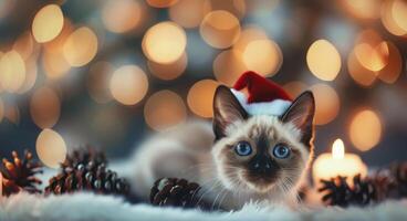 Adorable Kitten Wearing Santa Hat Surrounded by Holiday Decorations and Pine Cones photo