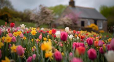 Countryside Cottage Surrounded by Colorful Tulip Field on a Sunny Spring Day photo