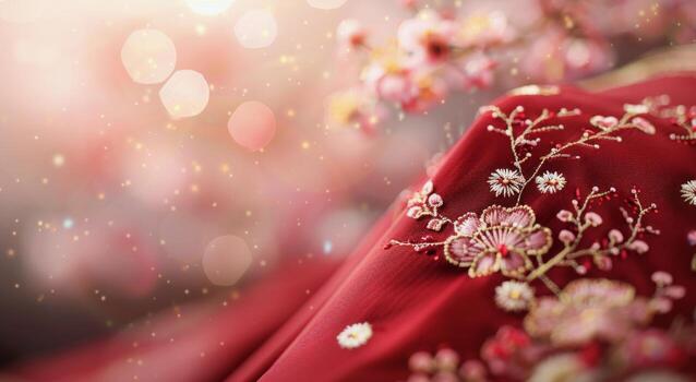 Elegant Embroidery on Red Fabric With Delicate Floral Design and Soft Background Lights photo