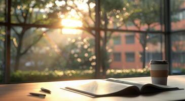 Morning Light Illuminates Open Book and Coffee Mug by the Window photo