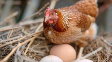 Hen Nesting With Fresh Eggs in A Rustic Setting photo