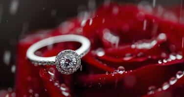 Elegant Diamond Ring Resting on Red Rose Petals in Soft Light photo
