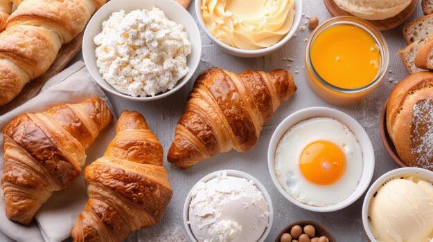 Freshly Baked Croissants With Salad and Egg Breakfast on a Rustic Table photo