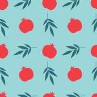 Rosh Hashanah seamless pattern. Red pomegranate and blue leaves on a turquoise background. illustration for fabric, wrapping paper, packaging, card vector
