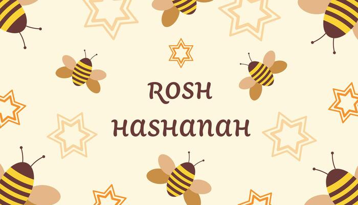 Rosh Hashanah holiday concept, banner or greeting card. Bee, star of David and text on a light background. illustration in modern style