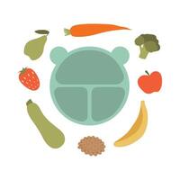 Baby food and cute plate with ears. Various fruits and vegetables. Isolated illustration vector
