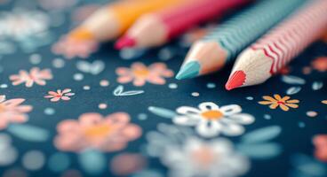 Colorful Pencils on Flower Patterned Paper With Blurred Background Lights photo